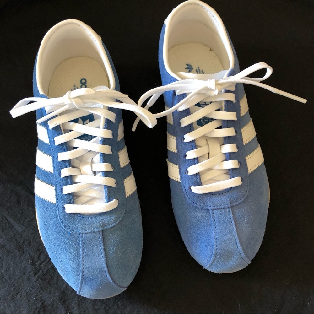 adidas Women’s Blue Suede Sneakers with White Stripes
